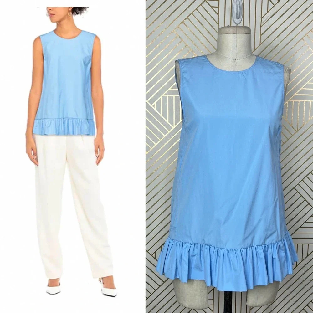 Marni Ruffle Cotton Poplin Tank Top In Lake Blue Size 36 / Us 0